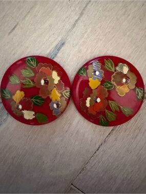 Vintage Hand-painted Round Red Floral barrettes
